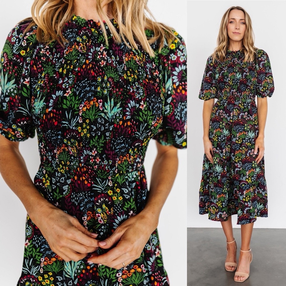 Baltic Born Lena Floral Smocked Midi Dress Puff Sleeve Black Cottagecore Women M